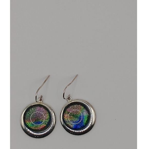 Fused glass round dangle iridescent earrings silver tone pretty shimmer - Picture 5 of 9